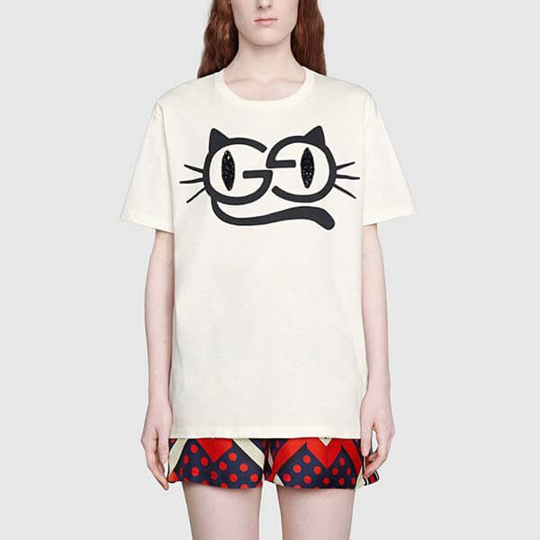 グッチ キャットアイ プリント コットンジャージー Tシャツ偽物 615044 XJDGG 9127