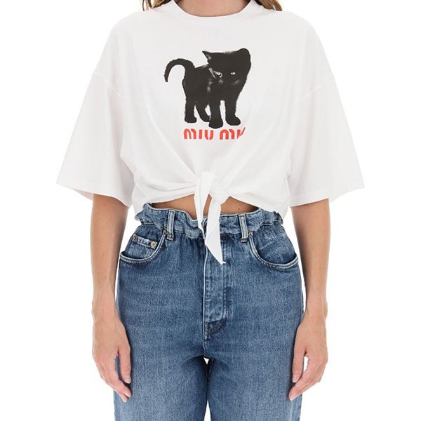 人気 ミュウミュウ?ジャージーキャットロゴTシャツ偽物?MJN315/1ZF8F0009 