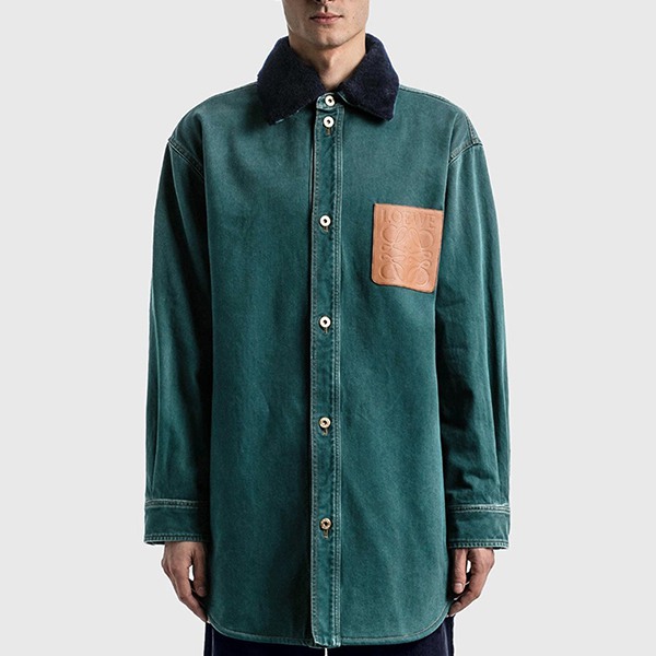 【ロエベ 】デニム オーバーシャツ 偽物 ロゴ ペトロル メンズ