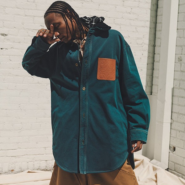 【ロエベ 】デニム オーバーシャツ 偽物 ロゴ ペトロル メンズ