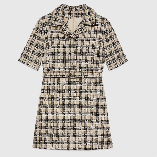 21AW グッチ ワンピース 偽物?スクエアGチェック柄ツイード半袖 657986 ZAGLP 2108