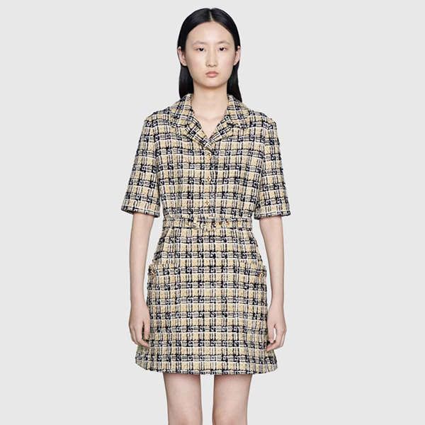 21AW グッチ ワンピース 偽物?スクエアGチェック柄ツイード半袖 657986 ZAGLP 2108