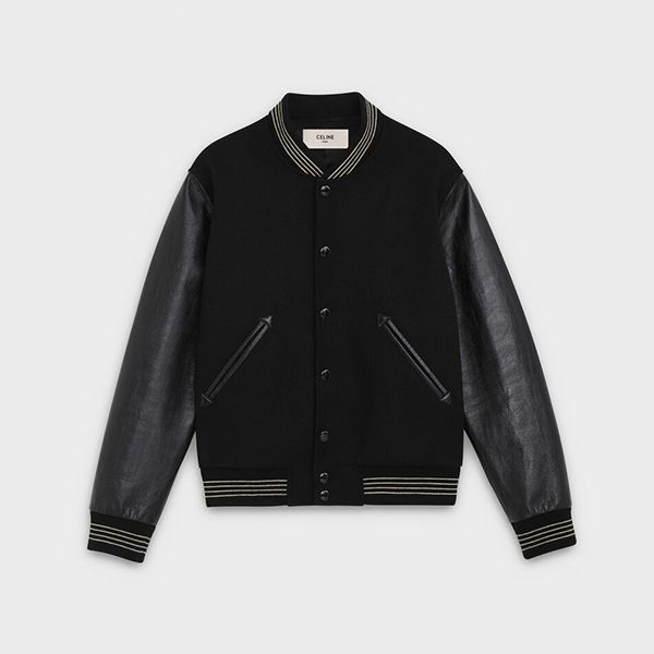 セリーヌ テテ?ィシ?ャケット 偽物?レザースリーブ ウール テディジャケット ブラック