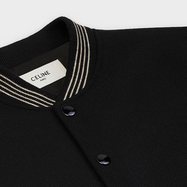 セリーヌ テテ?ィシ?ャケット 偽物?レザースリーブ ウール テディジャケット ブラック