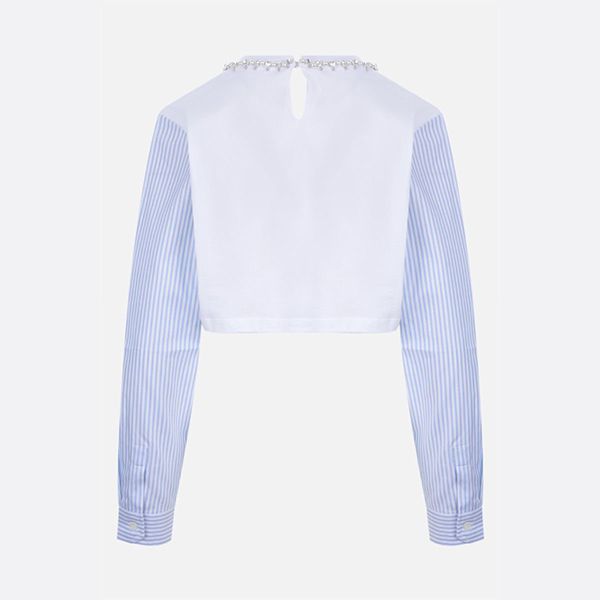 新作★ミュウミュウ 偽物★クリスタル クロップドコットンTシャツ MJL8161V6FF0009