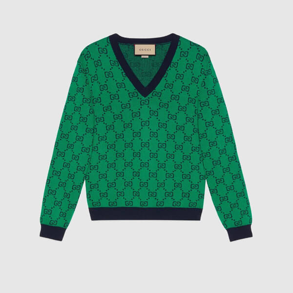グッチ セーター トップス ウール 綿 緑 Vネック GG 新 男 プレタ 661155 XKBXI 3465