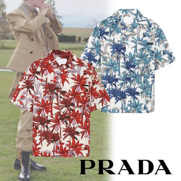 *20SS*<プラダ>パーム柄 プリント コットンポプリンシャツスーパーコピー