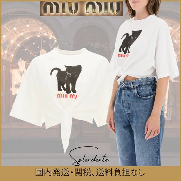 人気 ミュウミュウ?ジャージーキャットロゴTシャツ偽物?MJN315/1ZF8F0009 