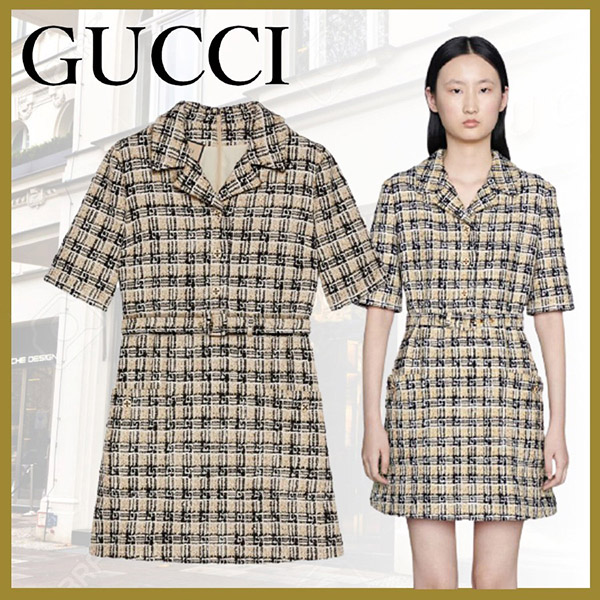 21AW グッチ ワンピース 偽物?スクエアGチェック柄ツイード半袖 657986 ZAGLP 2108