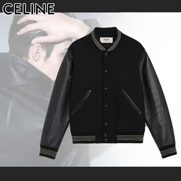 セリーヌ テテ?ィシ?ャケット 偽物?レザースリーブ ウール テディジャケット ブラック