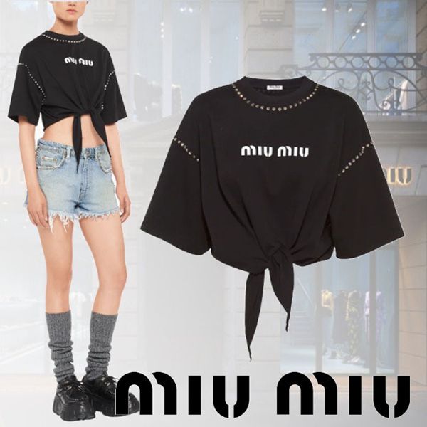◆ミュウミュウ ブラック ジャージーTシャツ 偽物 MJN3321ZVDF0002