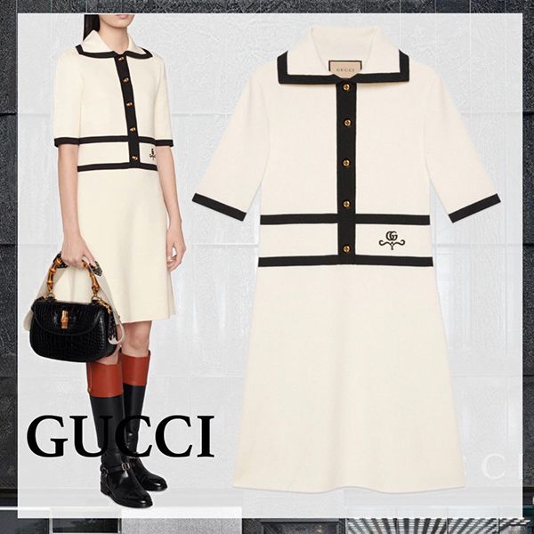 新作☆22SS グッチ ウール GGピケ ジャカード ポロドレス 偽物 アイボリー681306XKB7S9207