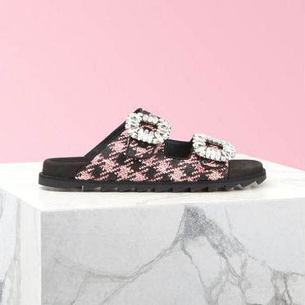 ロジェ ヴィヴィエ クリスタル付 千鳥格子 ダブルストラップ サンダル