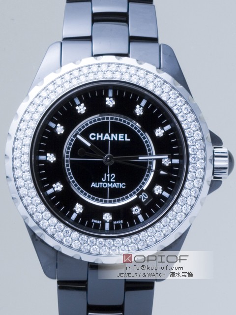 シャネルJ12  スーパーコピーH2014 42mm　ブラックセラミックブレス　12Pダイヤ　ベゼルダイヤ ブラック